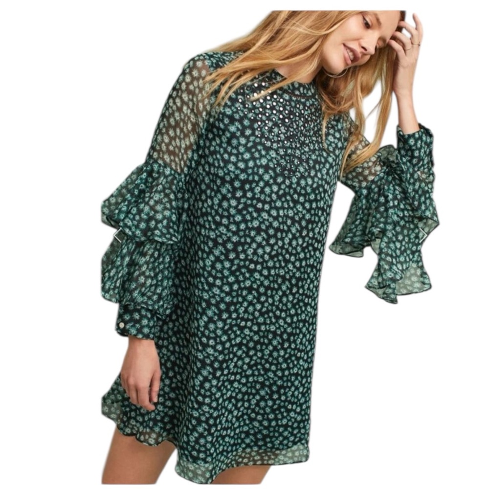 Ranna Gill Tunic Dress Ruffle Mini Boho Green Black Medium